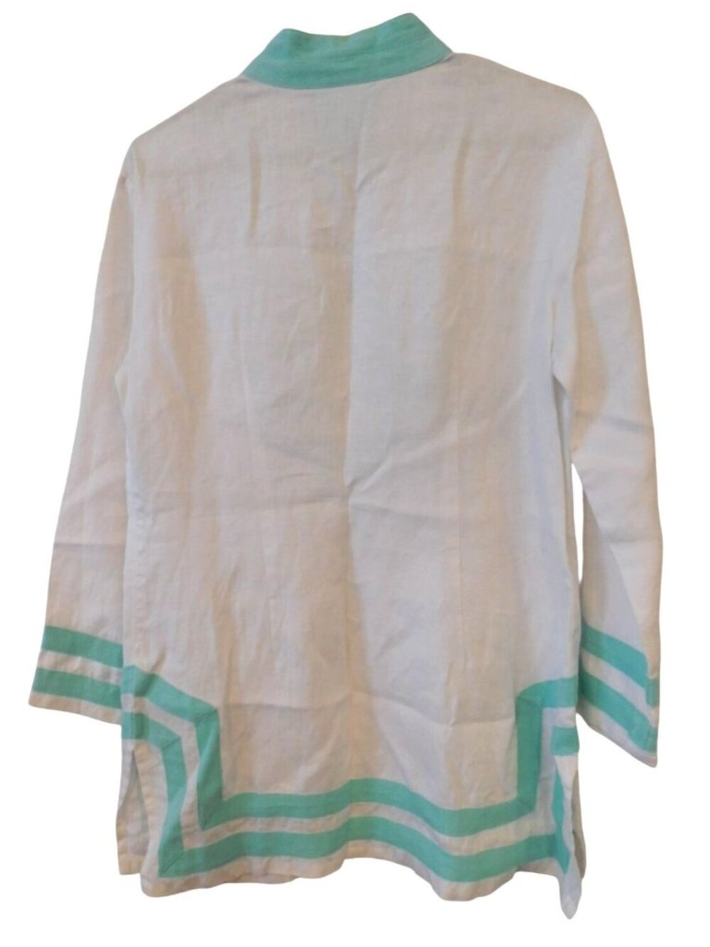 Sail to Sable Womens Sz M Linen Tunic Blouse White Teal Trim Coastal Preppy Reso - Picture 5 of 5